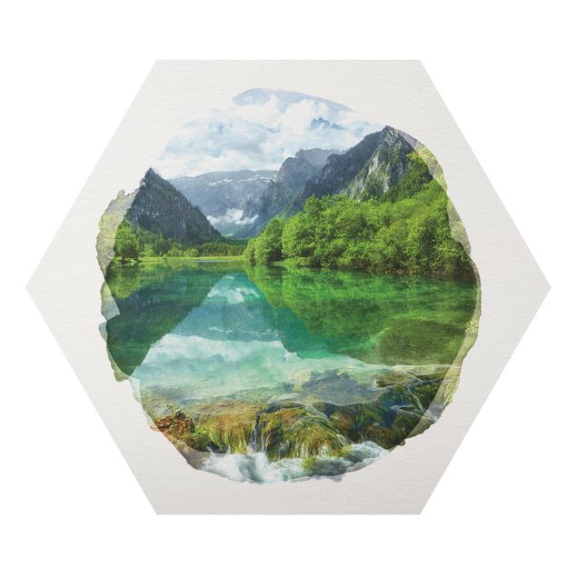 Hexagons Aluminium Dibond schilderijen WaterColours - Mountain Lake With Mirroring