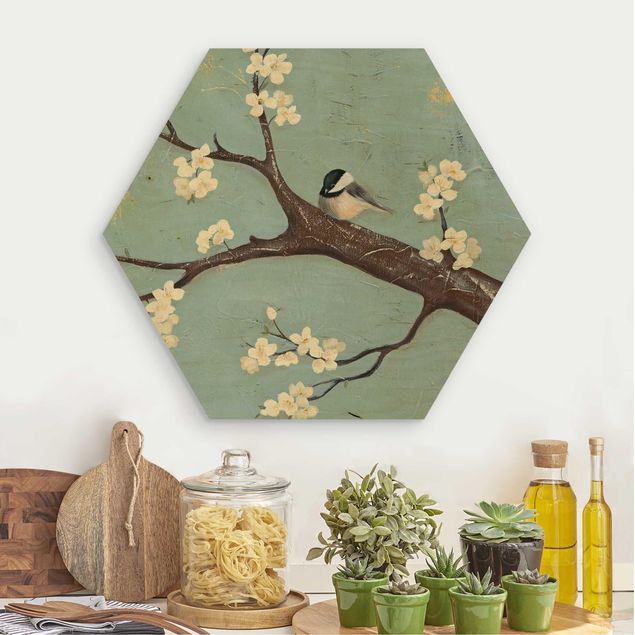 Hexagons houten schilderijen Titmouse On Cherry