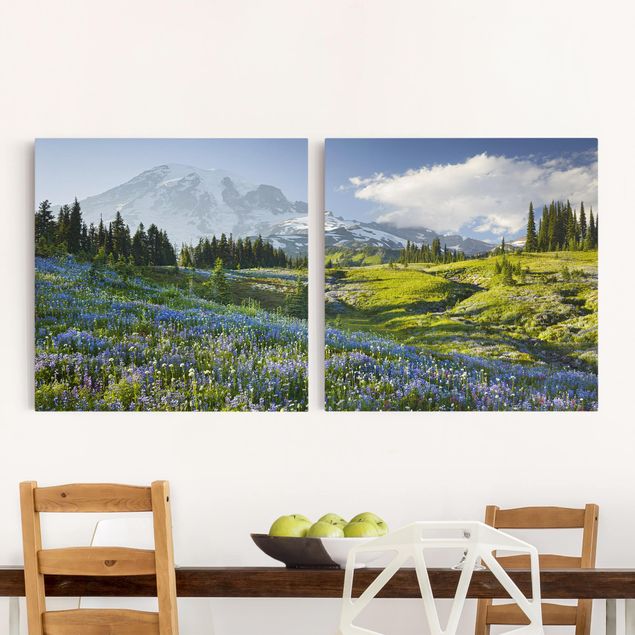 Canvas schilderijen - 2-delig  Mountain Meadow With Flowers In Front Of Mt. Rainier
