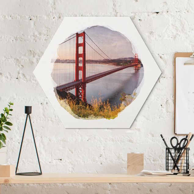 Hexagons Aluminium Dibond schilderijen WaterColours - Golden Gate Bridge In San Francisco