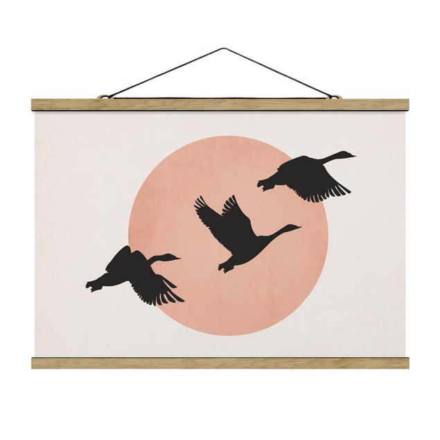 Stoffen schilderij met posterlijst Birds In Front Of Rose Sun III