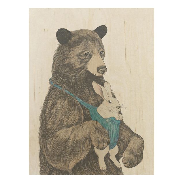 Houten schilderijen Illustration Bear And Bunny Baby
