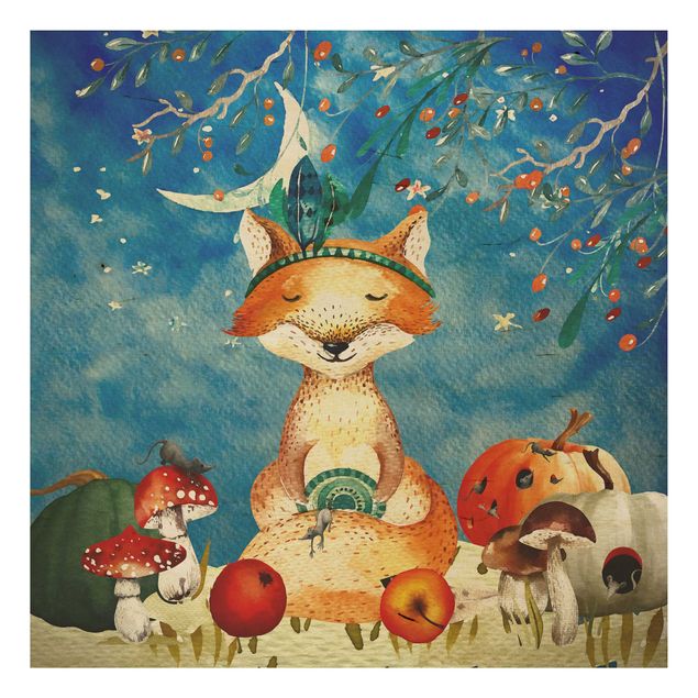 Houten schilderijen Watercolour Fox In Moonlight