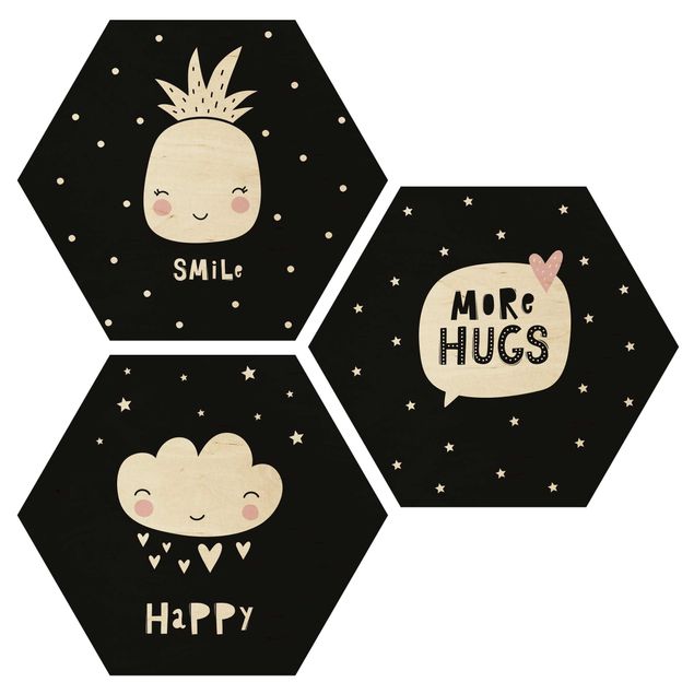 Hexagons houten schilderijen - 3-delig Happy Smile Hugs