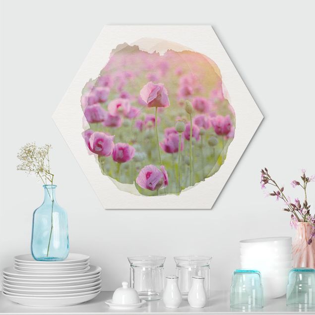 Hexagons Aluminium Dibond schilderijen WaterColours - Violet Poppy Flowers Meadow In Spring