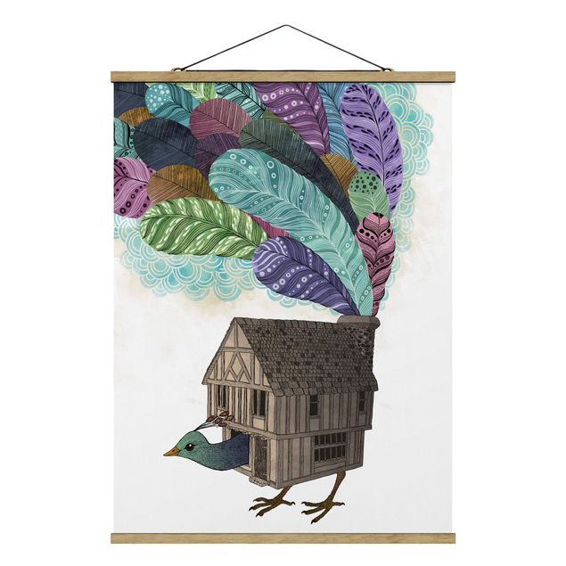 Stoffen schilderij met posterlijst Illustration Birdhouse With Feathers