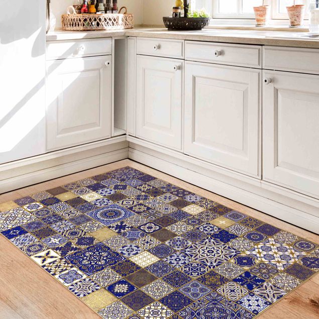 tapijt modern Oriental Tiles Blue With Golden Shimmer