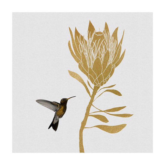 Vloerkleed natuur Hummingbird And Tropical Golden Blossom