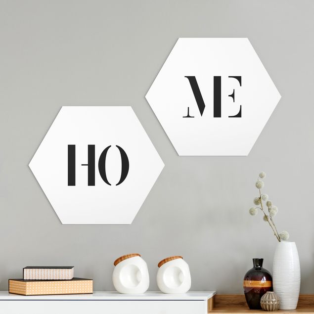 Hexagons Aluminium Dibond schilderijen - 2-delig Letters HOME Black Set I