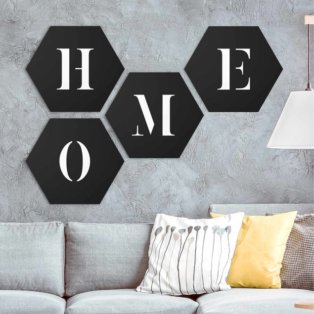 Hexagons Aluminium Dibond schilderijen - 4-delig Letters HOME White Set II