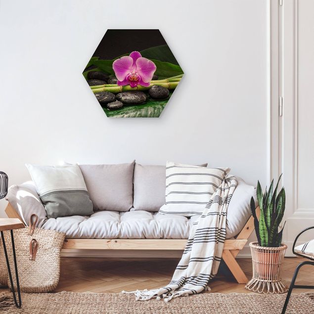 Hexagons houten schilderijen Green Bamboo With Orchid Blossom