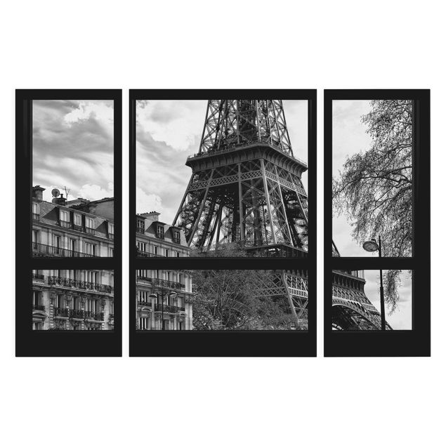 Canvas schilderijen - 3-delig Window view Paris - Near the Eiffel Tower black and white