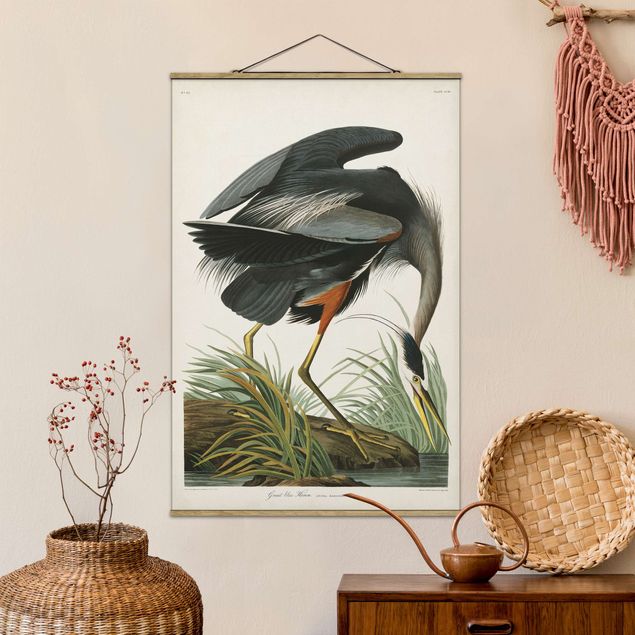 Stoffen schilderij met posterlijst Vintage Board Blue Heron