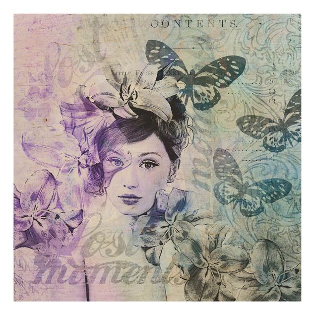 Houten schilderijen Shabby Chic Collage - Portrait With Butterflies