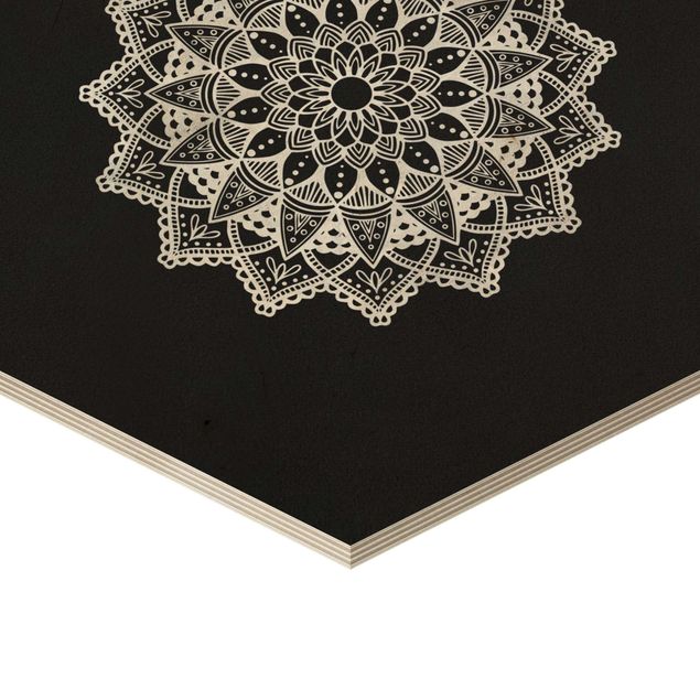 Hexagons houten schilderijen - 3-delig Mandala Hamsa Hand Lotus Set On Black