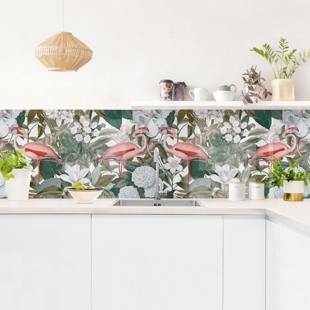 Achterwand voor keuken dieren Pink Flamingos With Leaves And White Flowers