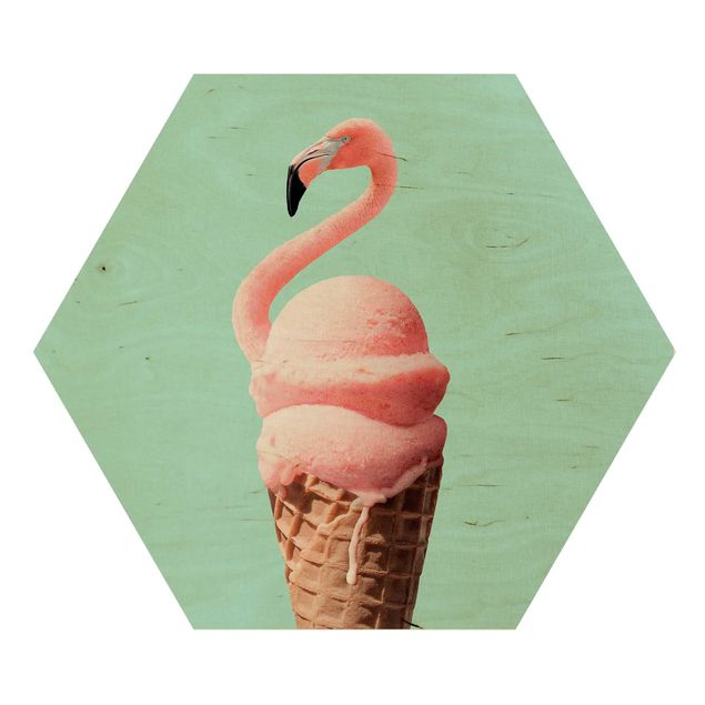 Hexagons houten schilderijen Ice Cream Cone With Flamingo