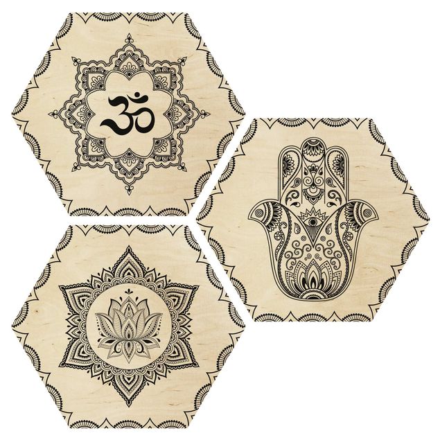 Hexagons houten schilderijen - 3-delig Hamsa Hand Lotus OM Illustration Set Black And White