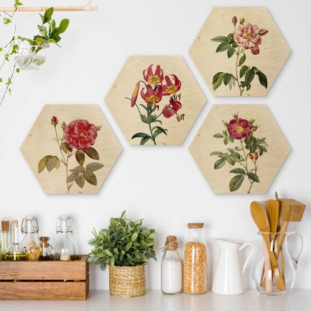 Hexagons houten schilderijen - 4-delig Pierre Joseph Redoute - Roses And Lilies