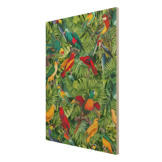 Houten schilderijen Colourful Collage - Parrots In The Jungle