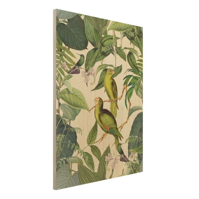 Houten schilderijen Vintage Collage - Parrots In The Jungle