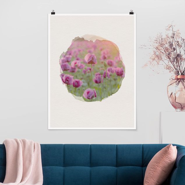 Posters WaterColours - Violet Poppy Flowers Meadow In Spring