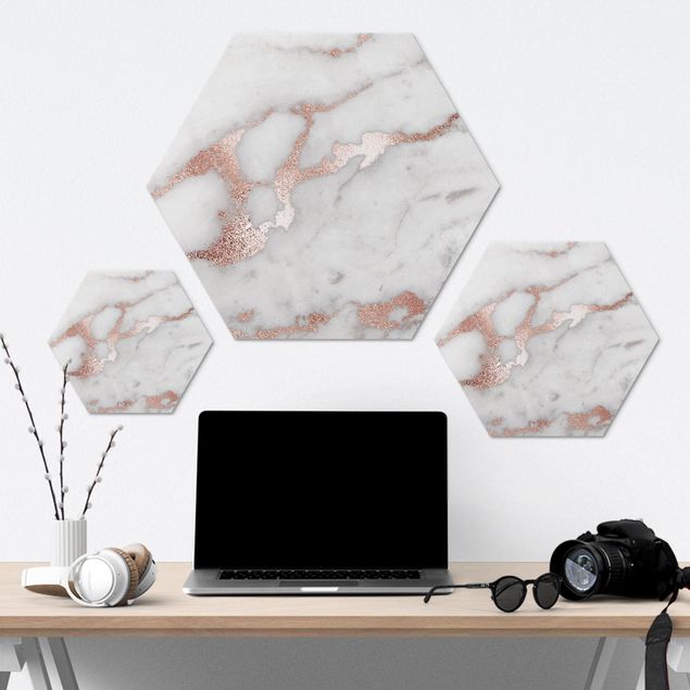Hexagons Aluminium Dibond schilderijen Marble Look With Glitter