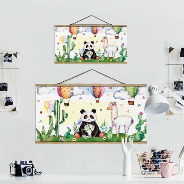 Stoffen schilderij met posterlijst Panda And Lama Watercolour