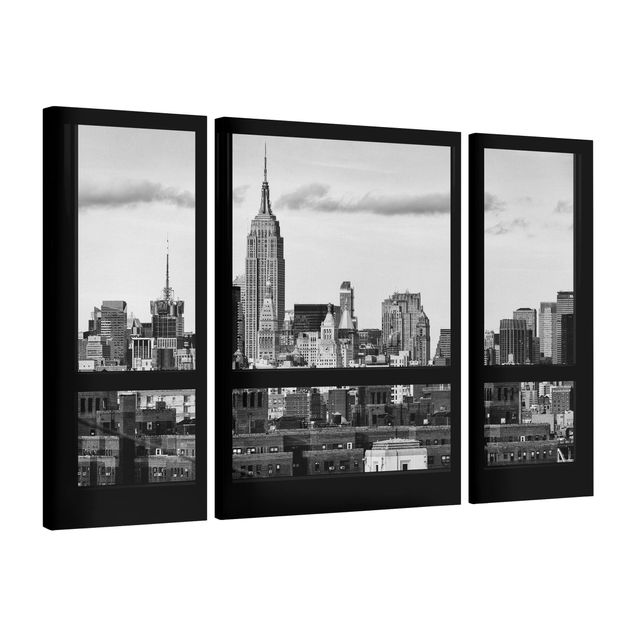Canvas schilderijen - 3-delig Windows Overlooking New York Skyline Black And White