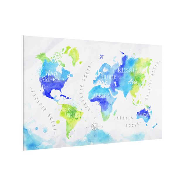 Spatscherm keuken World Map Watercolor Blue Green