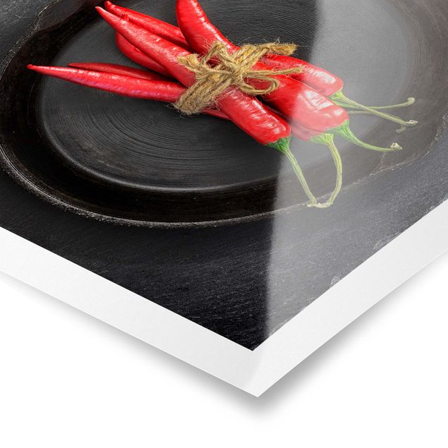Posters Red Chili Bundles In Pan On Slate