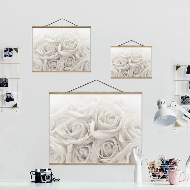 Stoffen schilderij met posterlijst White Roses