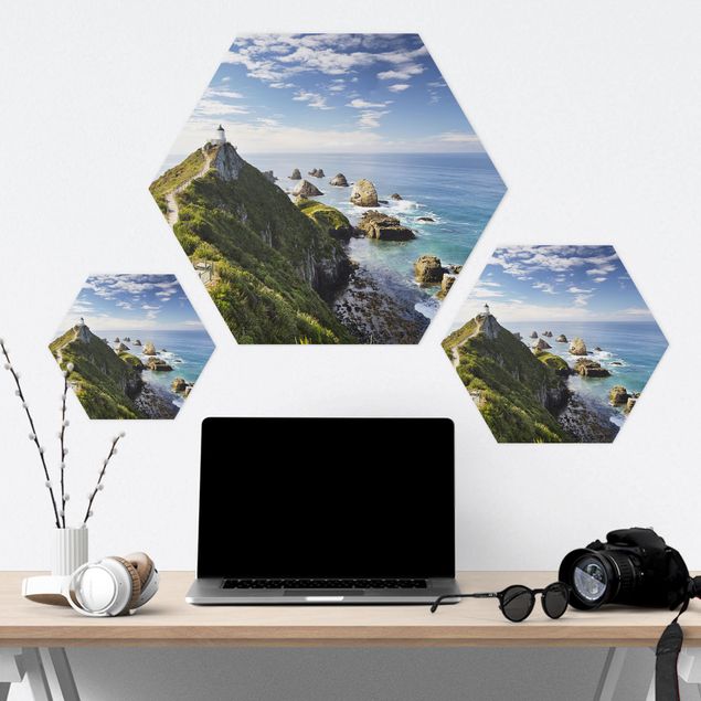 Hexagons Aluminium Dibond schilderijen Nugget Point Lighthouse And Sea New Zealand