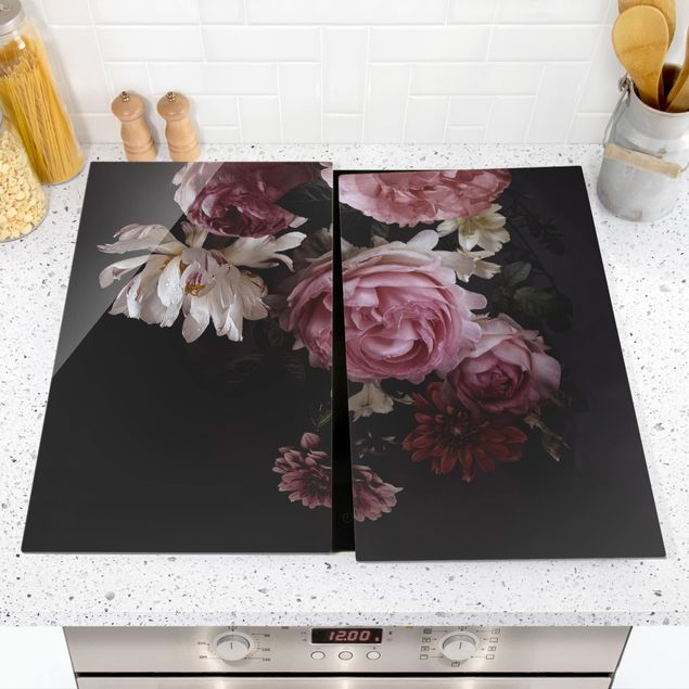 Kookplaat afdekplaten Pink Flowers On Black