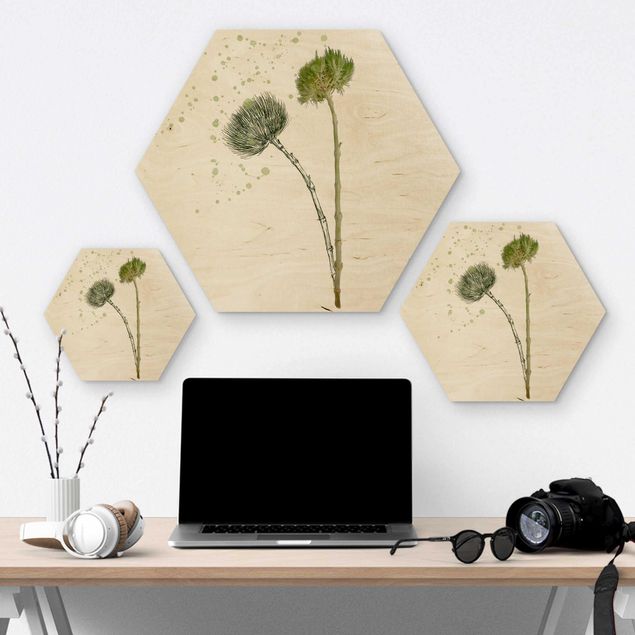 Hexagons houten schilderijen Botanical Watercolour