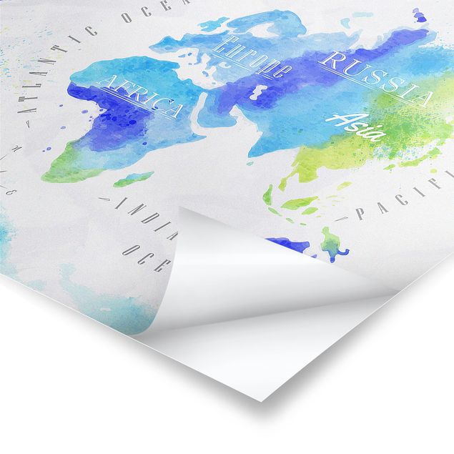 Posters World Map Watercolour Blue Green