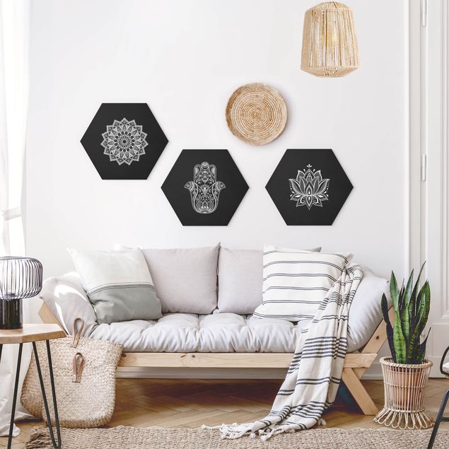 Hexagons Aluminium Dibond schilderijen - 3-delig Mandala Hamsa Hand Lotus Set On Black