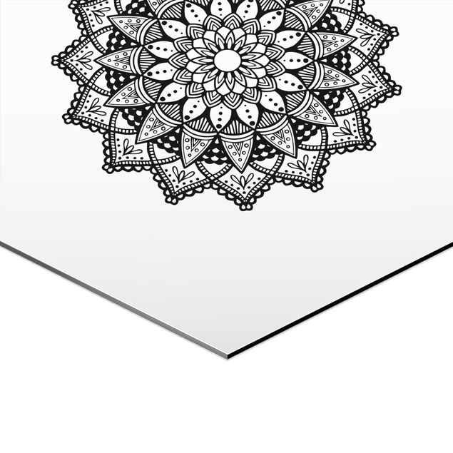 Hexagons Aluminium Dibond schilderijen - 3-delig Mandala Hamsa Hand Lotus Set On White