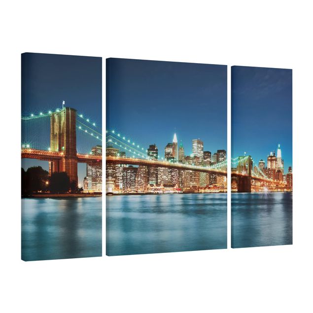 Canvas schilderijen - 3-delig Nighttime Manhattan Bridge