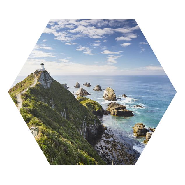 Hexagons Aluminium Dibond schilderijen Nugget Point Lighthouse And Sea New Zealand
