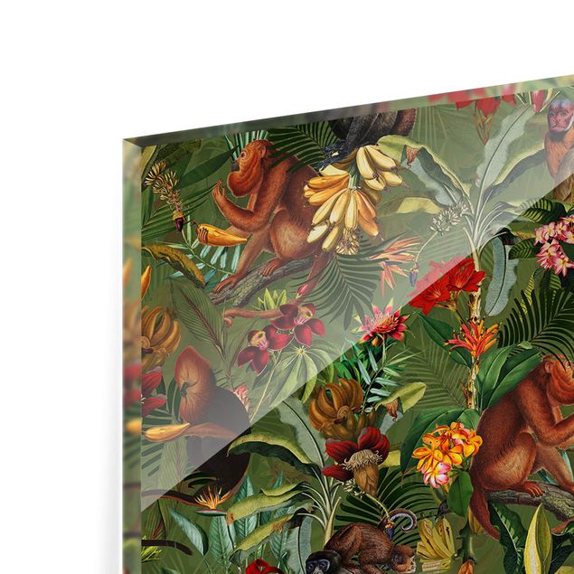 Spatscherm keuken Tropische Blumen mit Affen