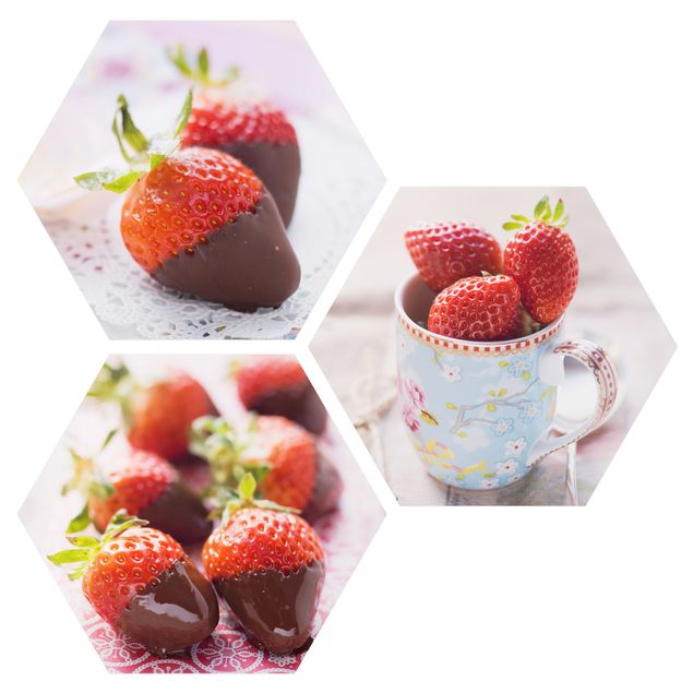 Hexagons Forex schilderijen - 3-delig Strawberries In Chocolate Vintage