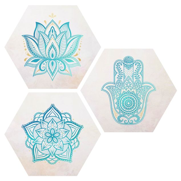 Hexagons Aluminium Dibond schilderijen - 3-delig Mandala Hamsa Hand Lotus Set Gold Blue