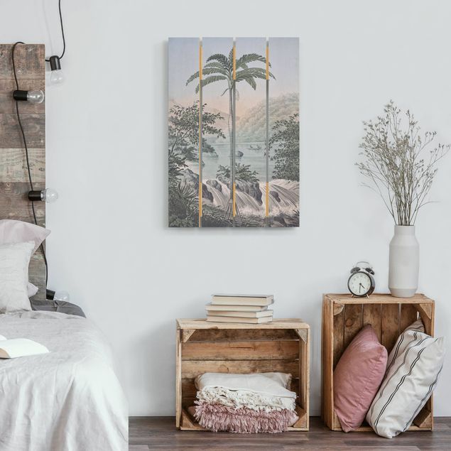 Houten schilderijen op plank Vintage Illustration - Landscape With Palm Tree