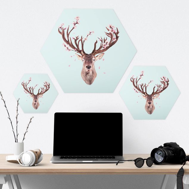 Hexagons Forex schilderijen Deer With Cherry Blossoms