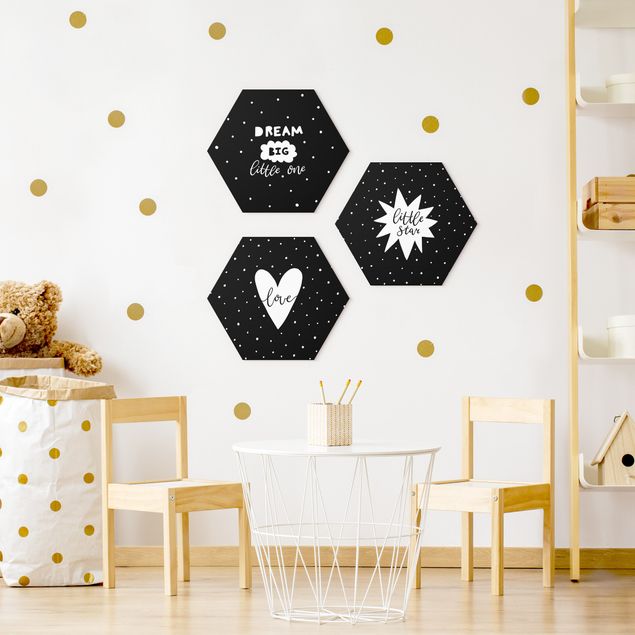 Hexagons Aluminium Dibond schilderijen - 3-delig Little Star Set Black
