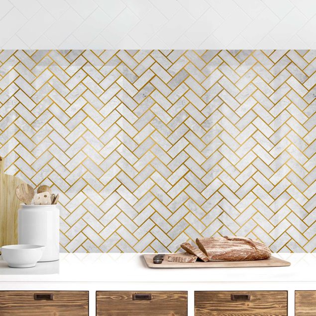Achterwand voor keuken tegelmotief Marble Fish Bone Tiles - Light Greyish Gold