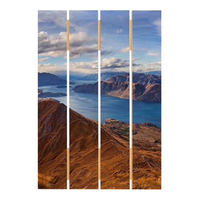 Houten schilderijen op plank Roys Peak In New Zealand
