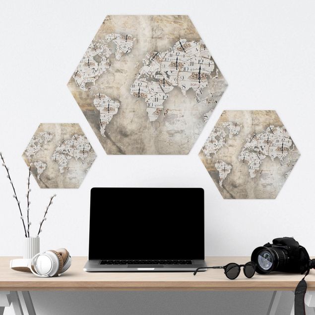 Hexagons Aluminium Dibond schilderijen Shabby Clocks World Map