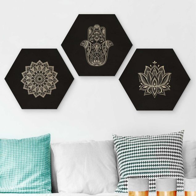 Hexagons houten schilderijen - 3-delig Mandala Hamsa Hand Lotus Set On Black